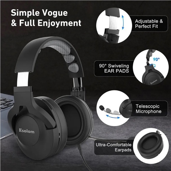 ESOLOM WiredStereo GamingHeadsetOnCable MicrophoneHeadphoneEarphone - Picture 8 of 16
